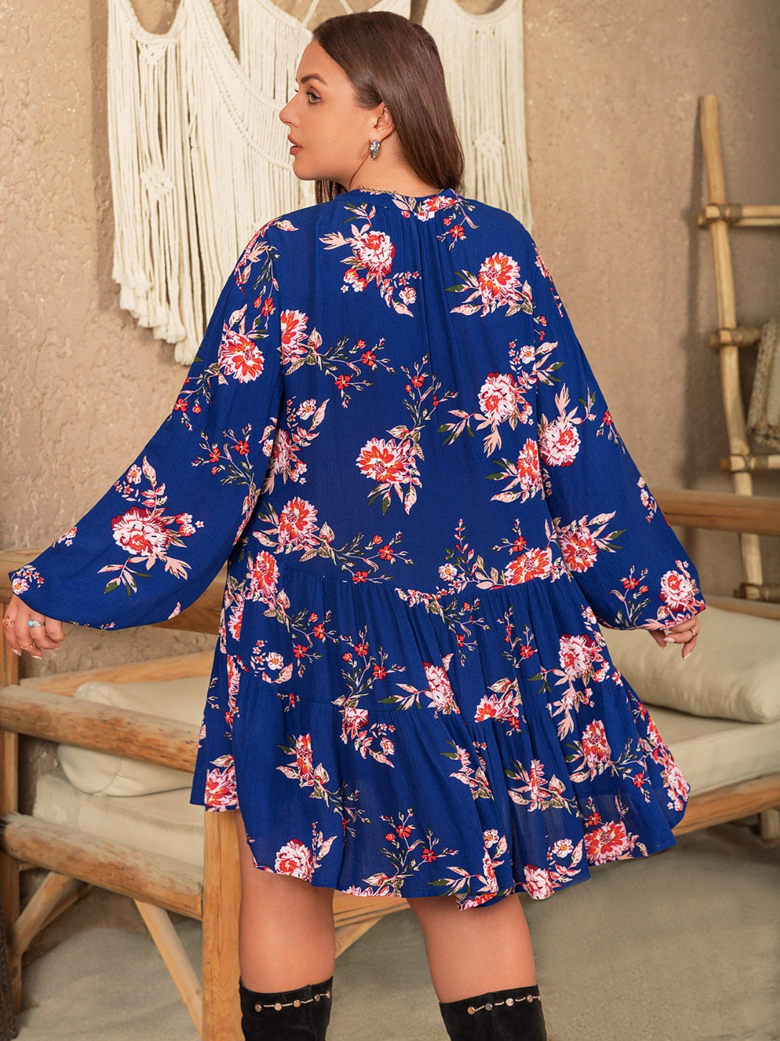 Plus Size Printed Tie Neck Balloon Sleeve Mini Dress - RebelReine Apparel & Co.