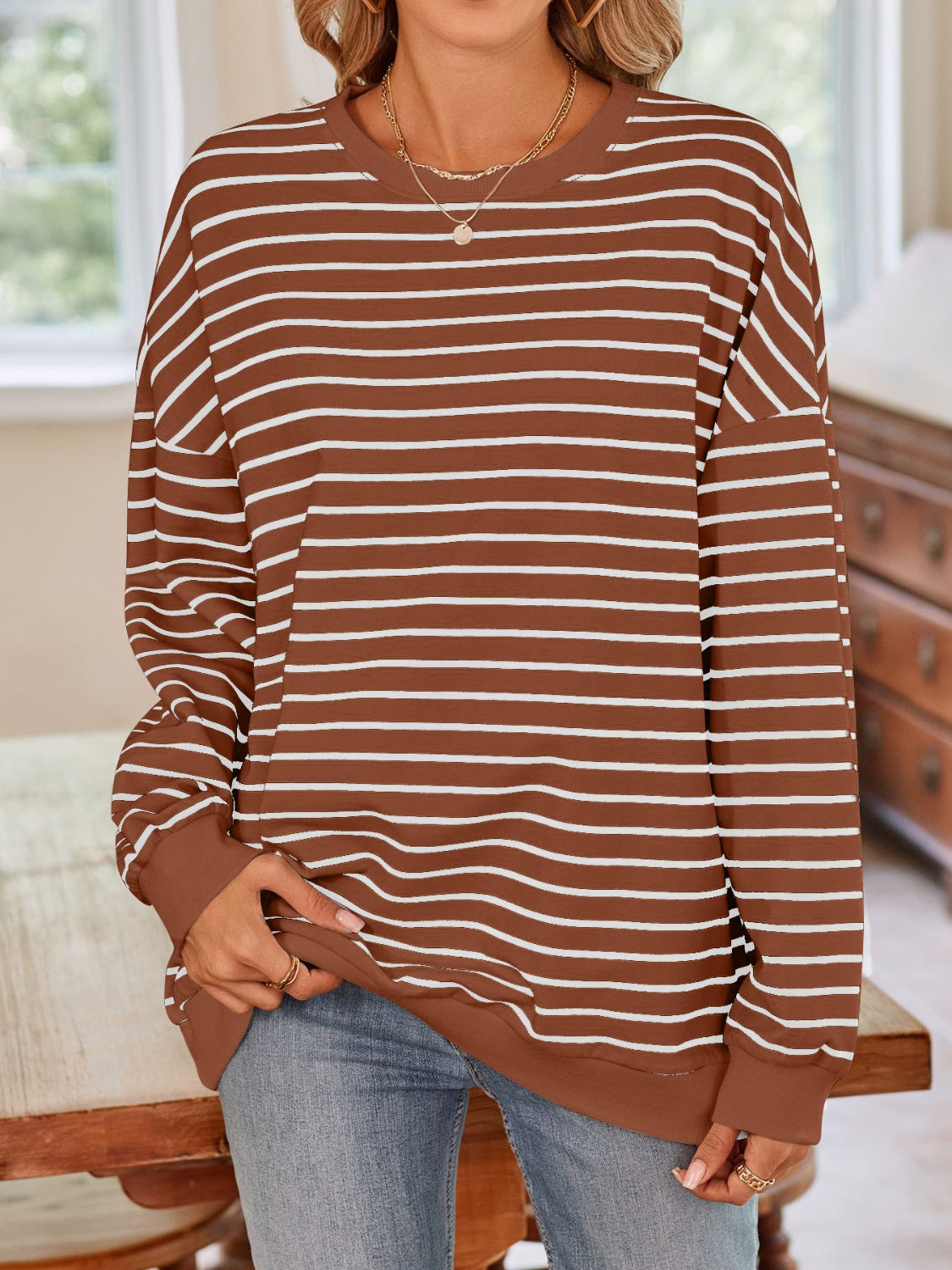 Striped Round Neck Long Sleeve Sweatshirt