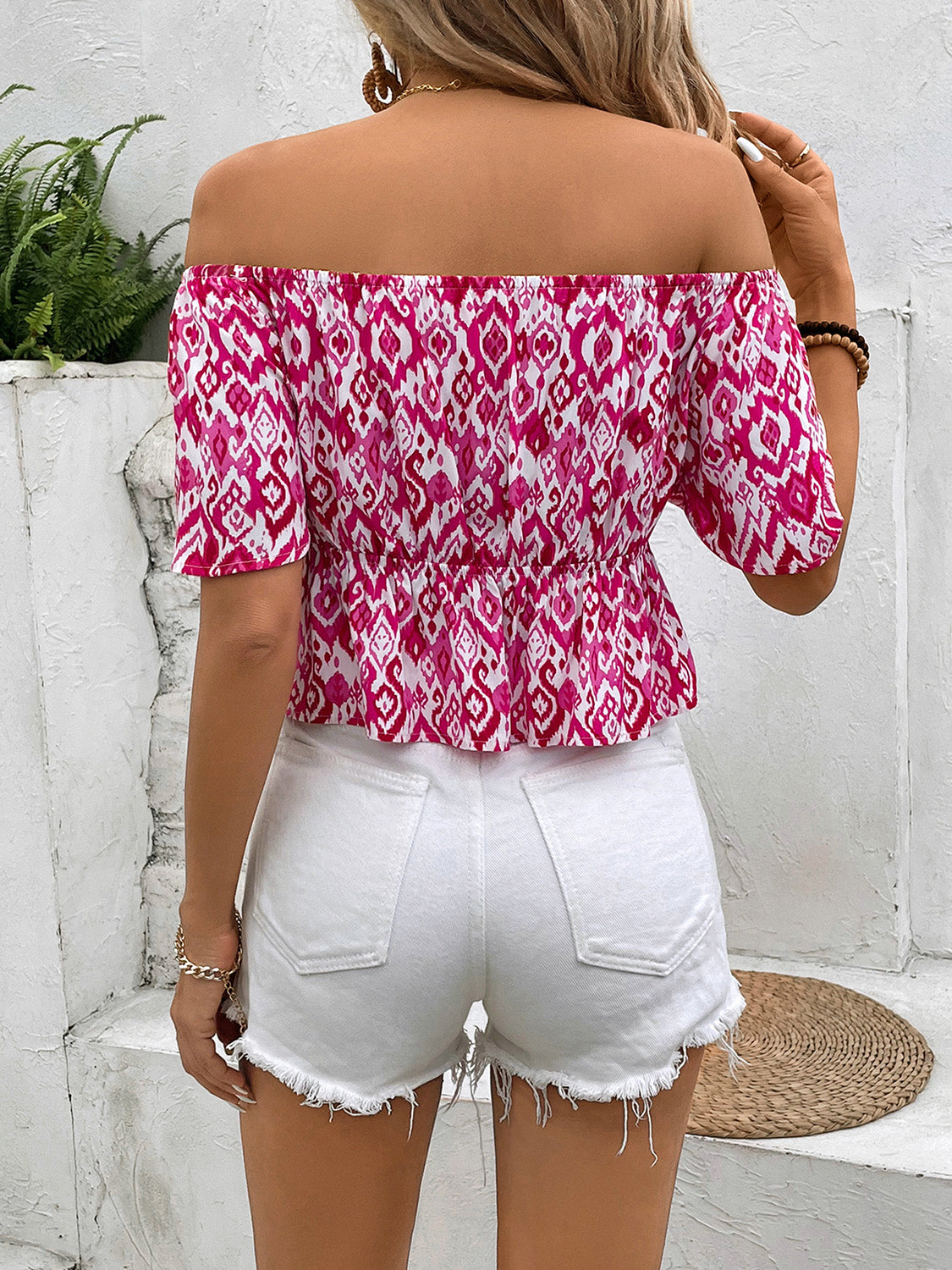 Peplum Printed Off-Shoulder Short Sleeve Blouse - RebelReine Apparel & Co.