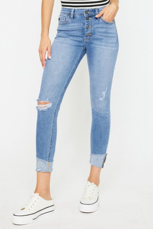 Kancan Distressed Cat's Whiskers Button Fly Jeans - RebelReine Apparel & Co.