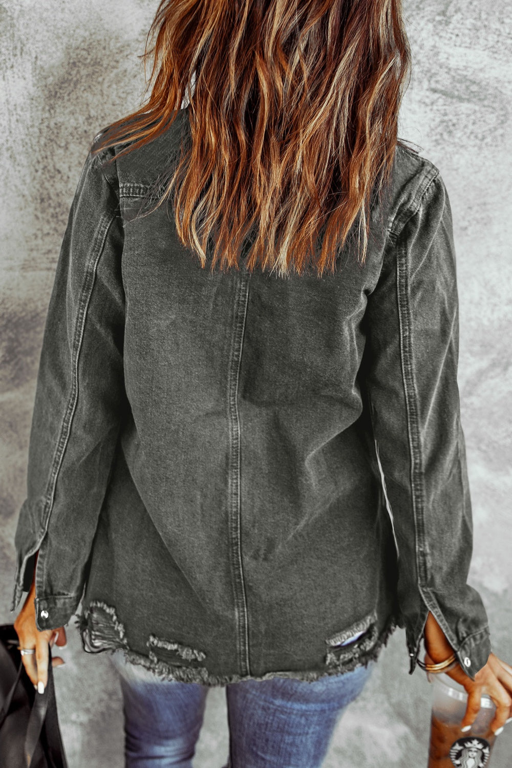 Distressed Raw Hem Snap Down Denim Jacket - RebelReine Apparel & Co.