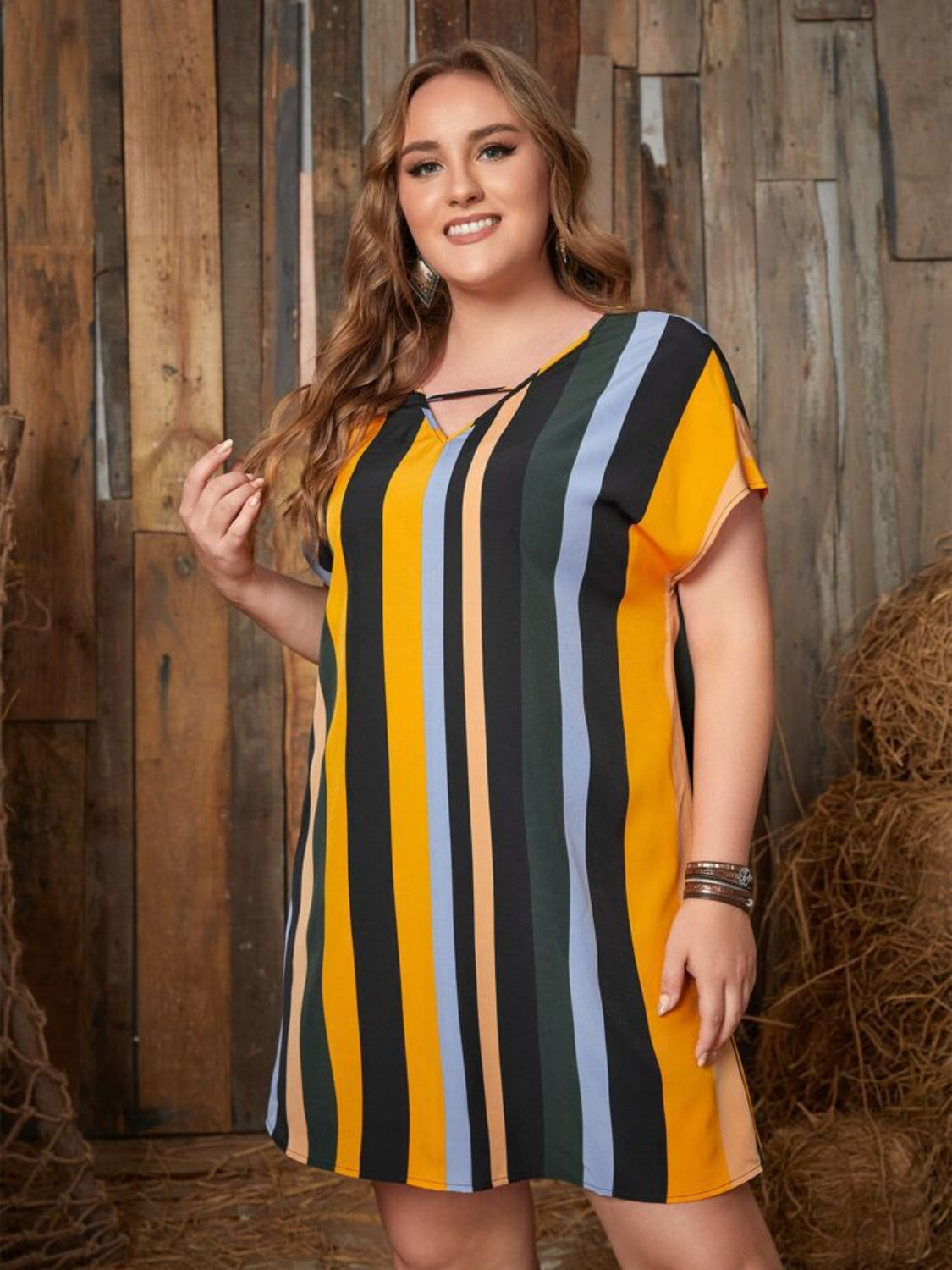 Plus Size Striped Short Sleeve Mini Dress - RebelReine Apparel & Co.