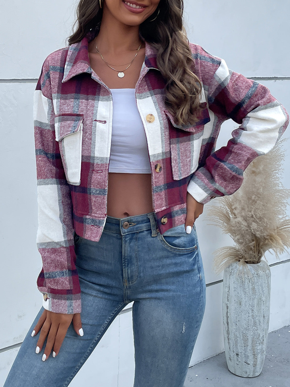 Plaid Button Up Drop Shoulder Cropped Jacket