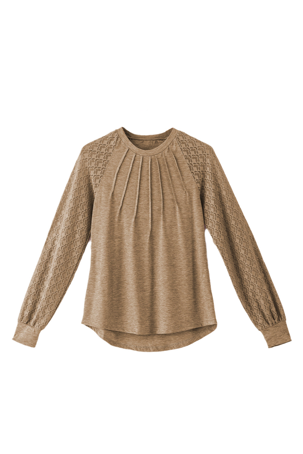 Light French Beige Contrast Lace Raglan Sleeve Plicate Round Neck Top - RebelReine Apparel & Co.