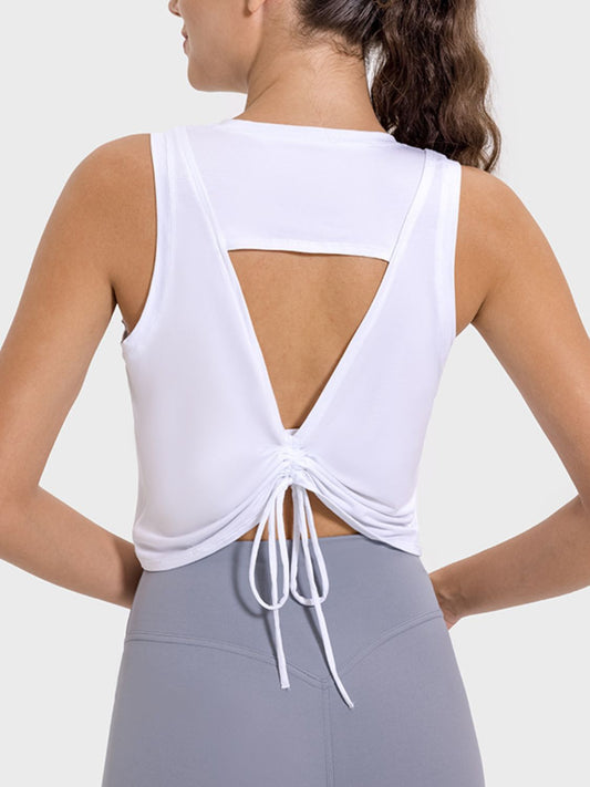 Drawstring Cutout Round Neck Active Tank - RebelReine Apparel & Co.