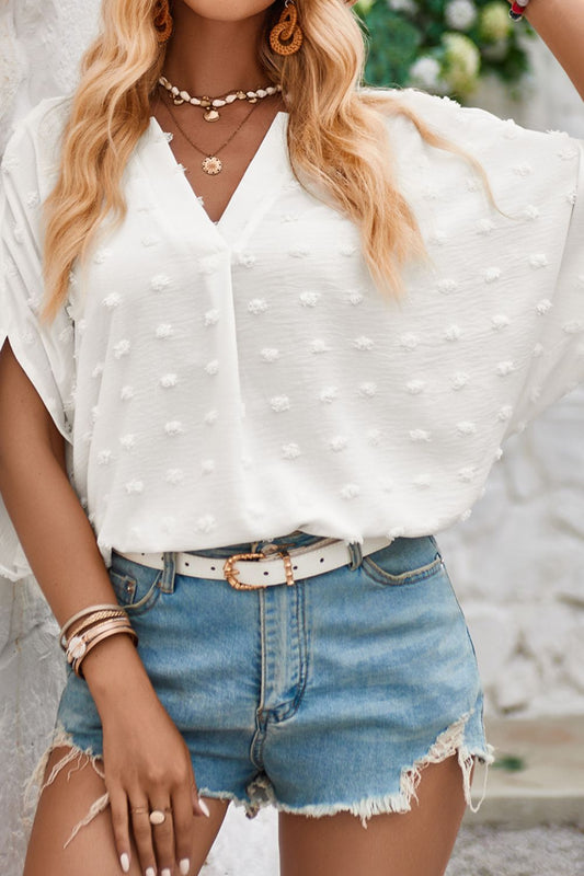 Swiss Dot Notched Half Sleeve Blouse - RebelReine Apparel & Co.