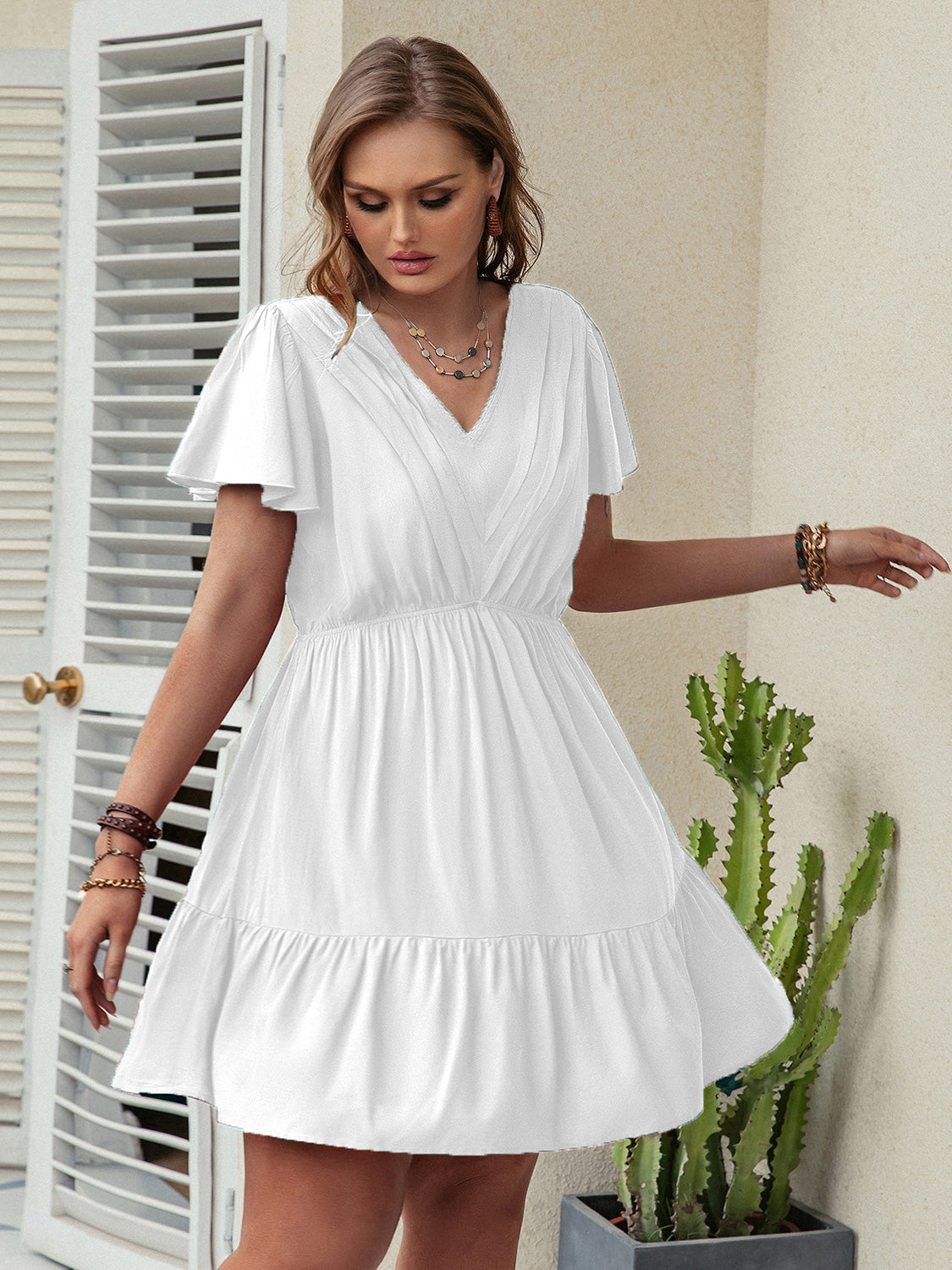 Plus Size Ruffle Hem V-Neck Short Sleeve Dress - RebelReine Apparel & Co.