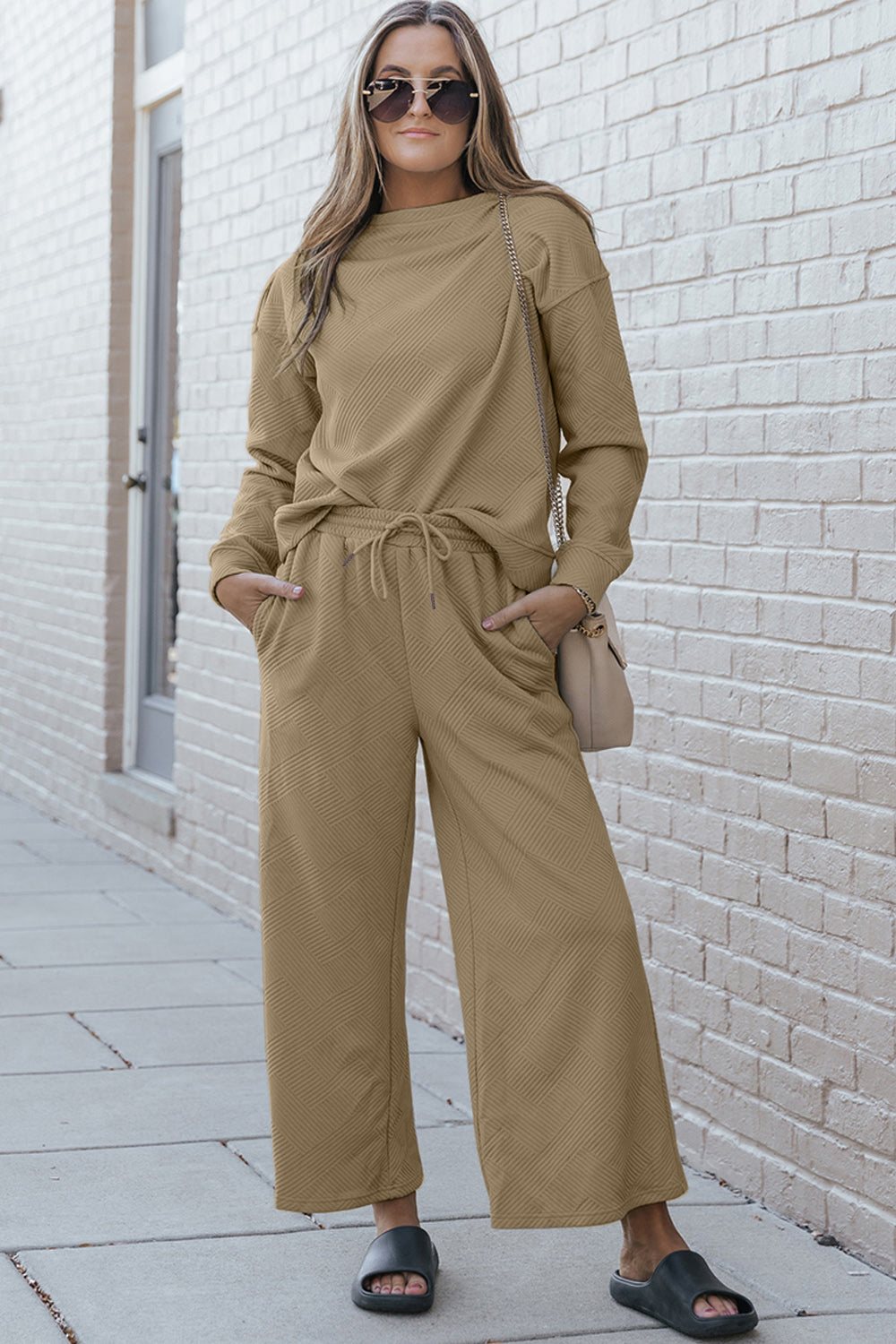 Double Take Full Size Textured Long Sleeve Top and Drawstring Pants Set - RebelReine Apparel & Co.