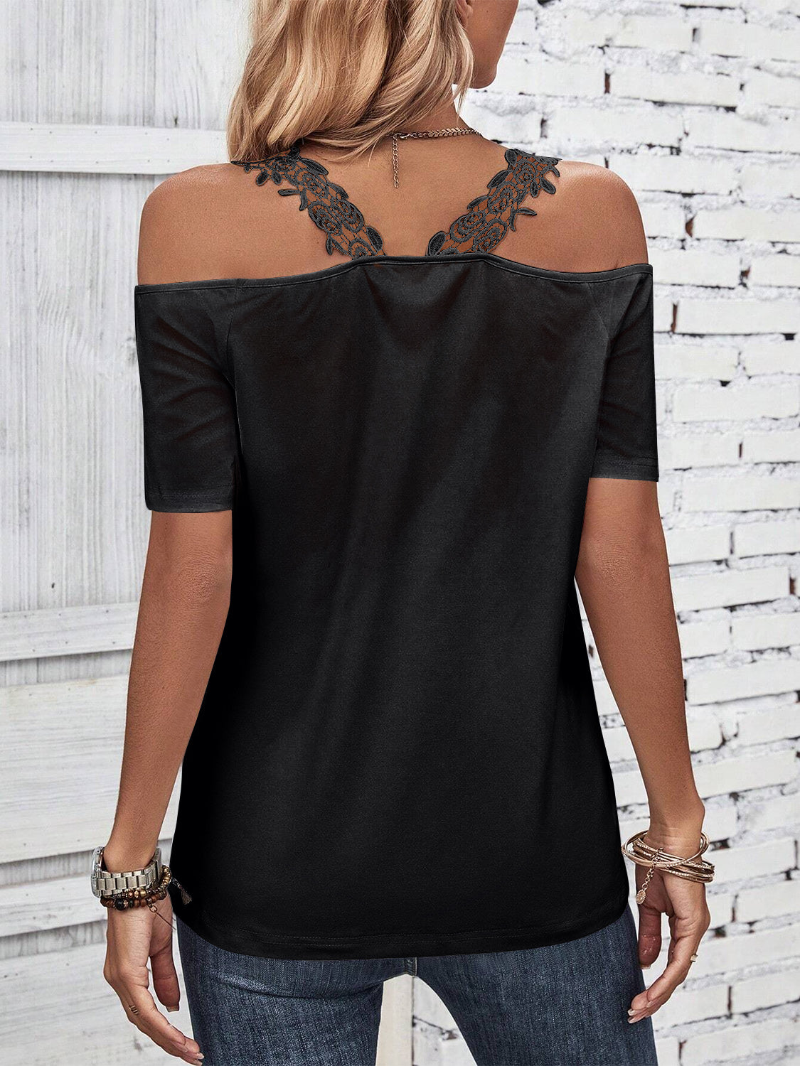 Full Size Lace Detail Short Sleeve T-Shirt - RebelReine Apparel & Co.