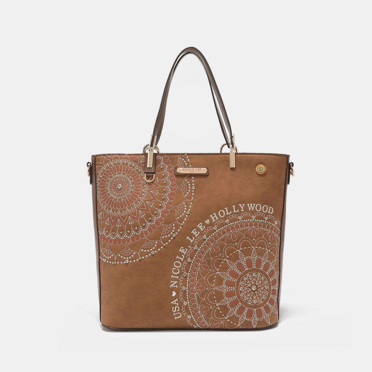 Nicole Lee USA Metallic Stitching Embroidery Inlaid Rhinestone Tote Bag - RebelReine Apparel & Co.