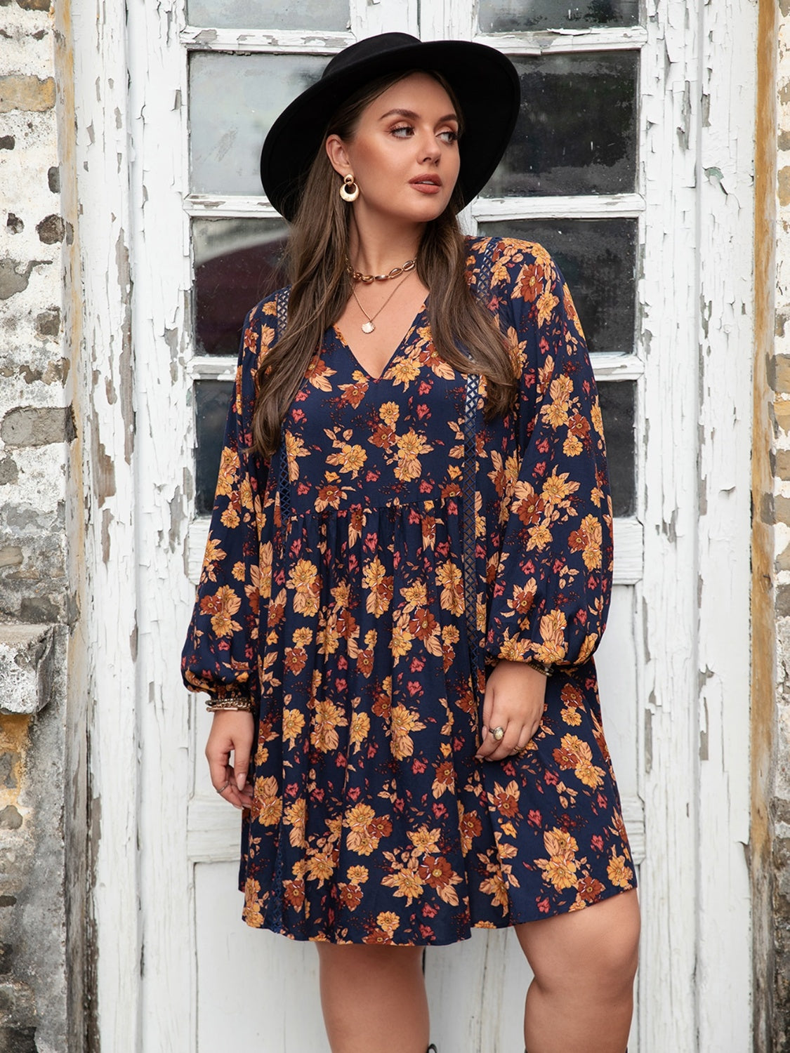 Plus Size Floral V-Neck Balloon Sleeve Dress - RebelReine Apparel & Co.