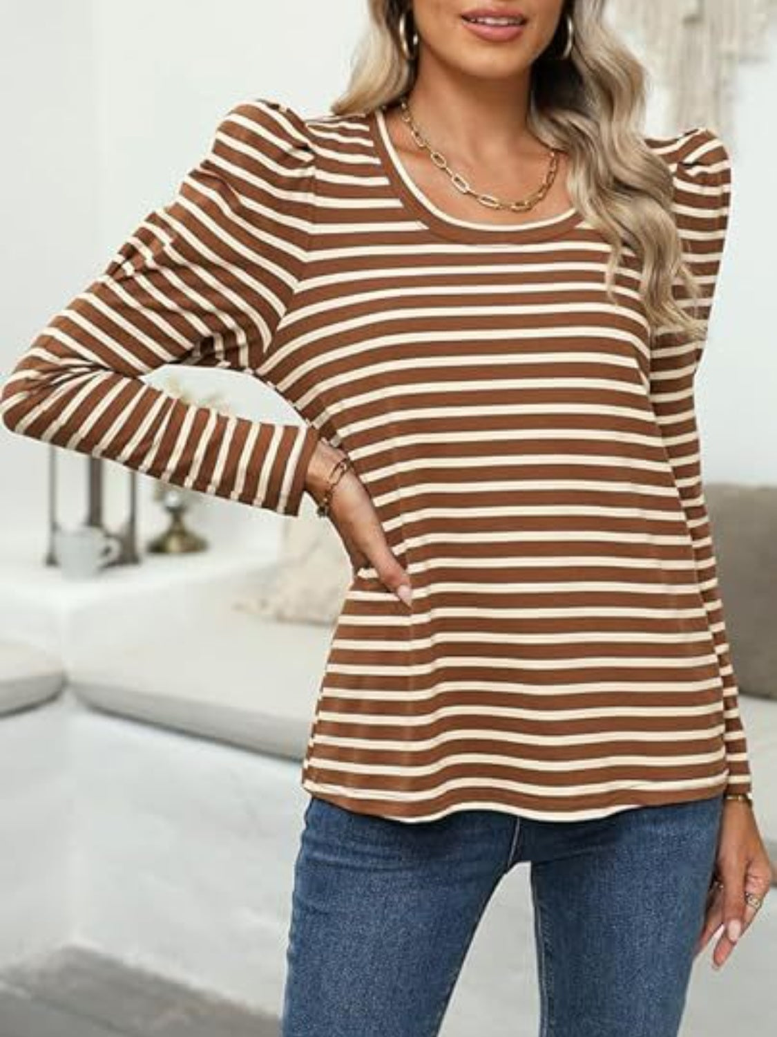 Striped Round Neck Long Sleeve T-Shirt - RebelReine Apparel & Co.