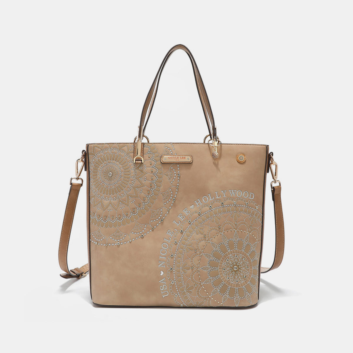 Nicole Lee USA Metallic Stitching Embroidery Inlaid Rhinestone Tote Bag - RebelReine Apparel & Co.