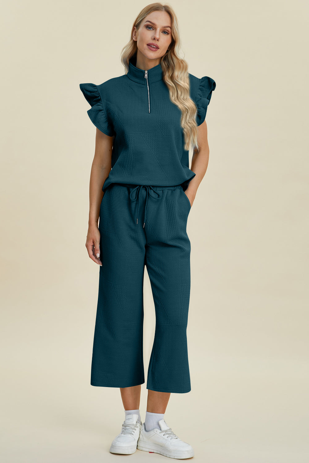 Double Take Full Size Texture Ruffle Short Sleeve Top and Wide Leg Pants Set - RebelReine Apparel & Co.