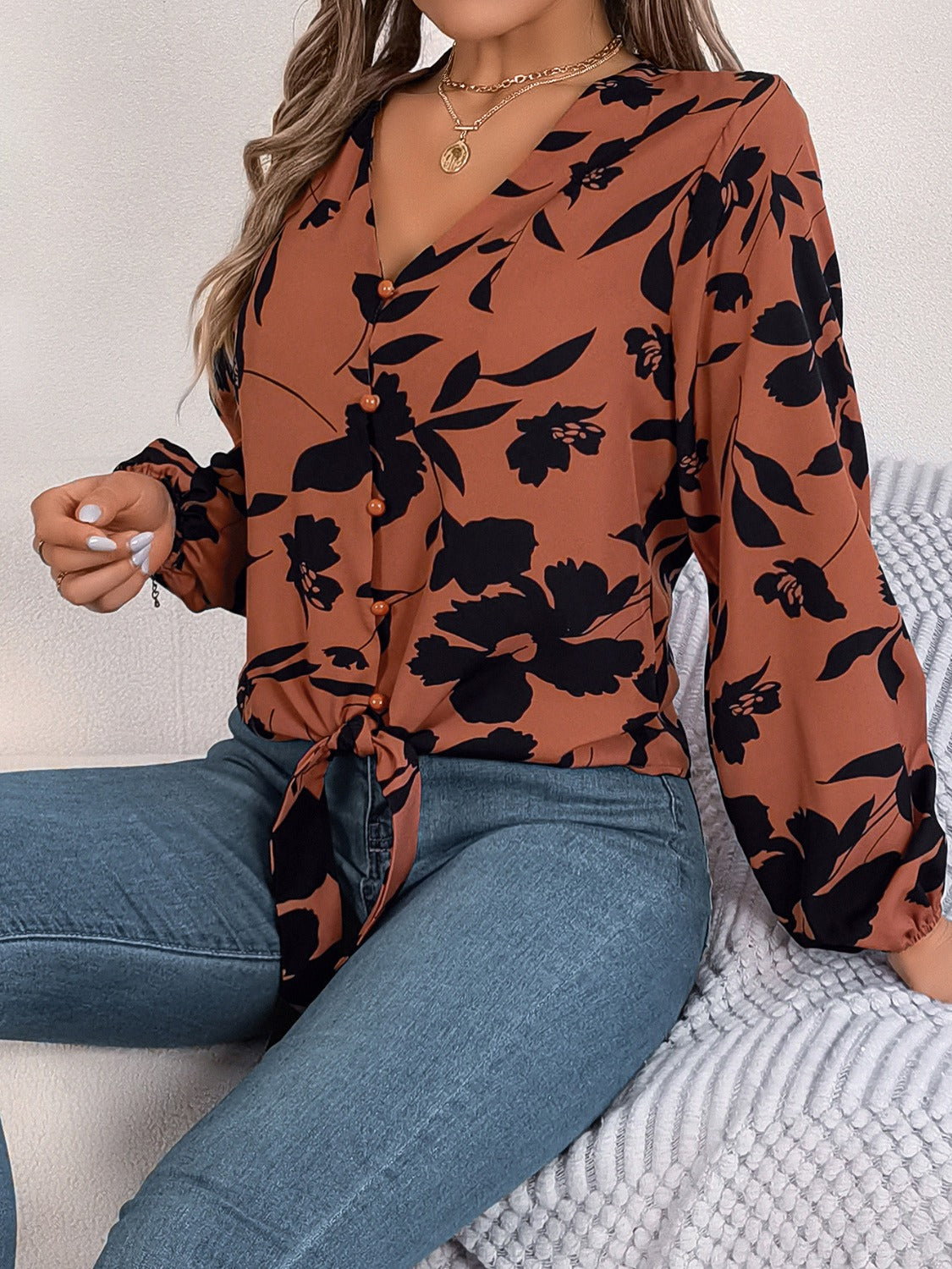 Printed V-Neck Long Sleeve Blouse - RebelReine Apparel & Co.