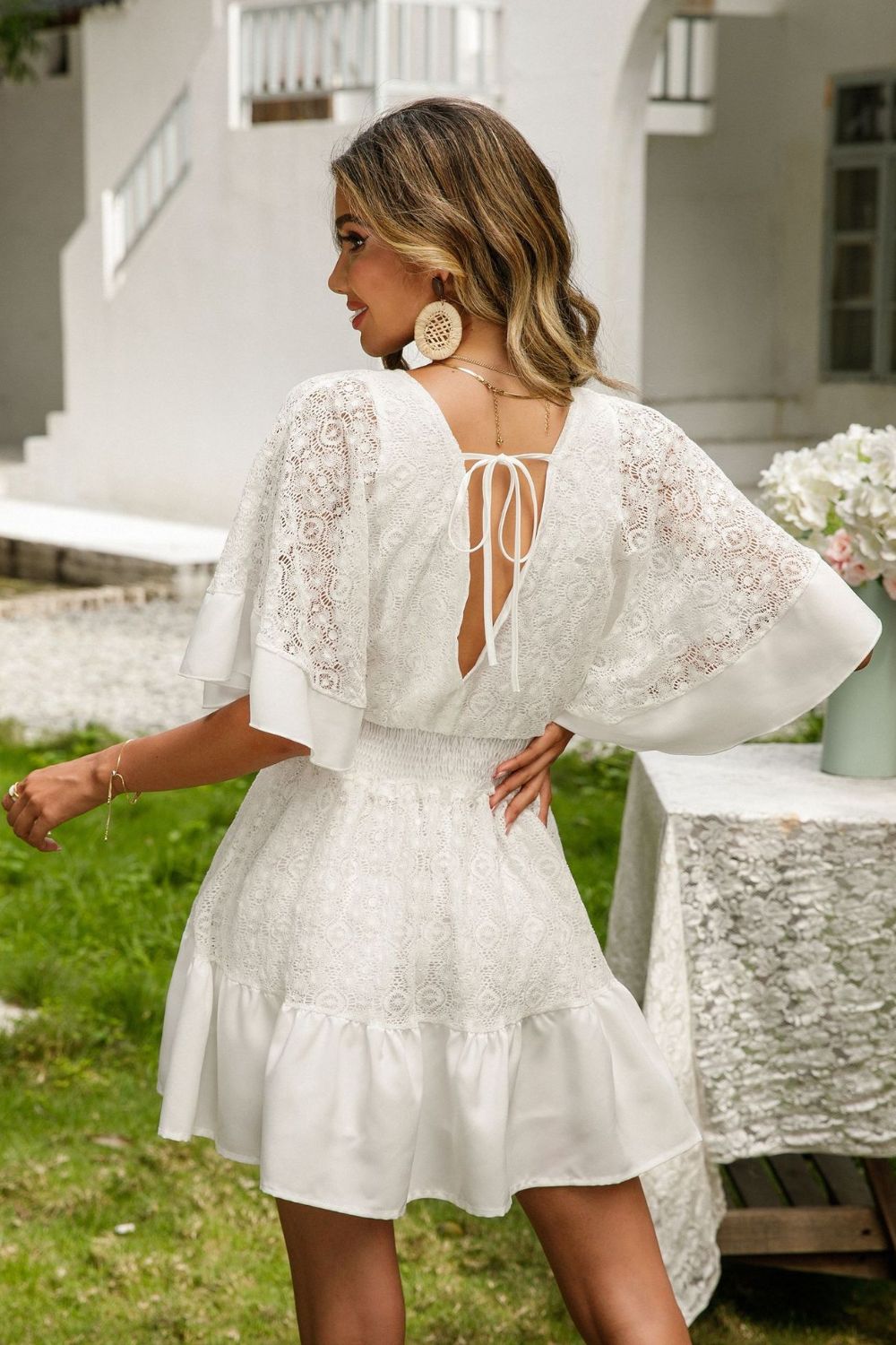 Lace Cutout Surplice Half Sleeve Dress - RebelReine Apparel & Co.