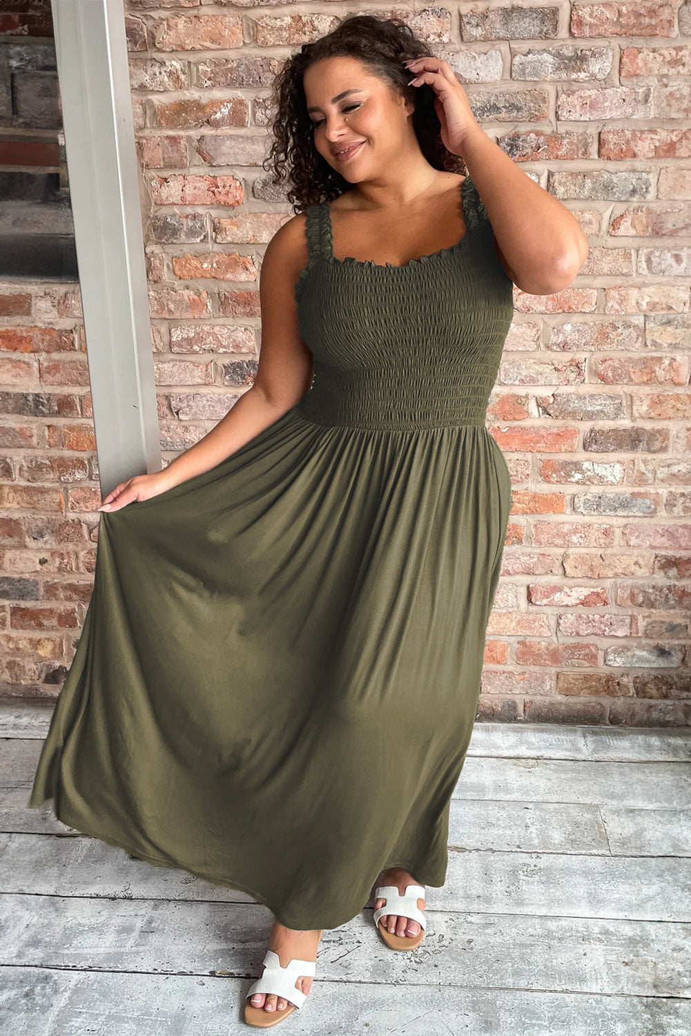 Jungle Green Shirred Bust Sleeveless Plus Size Maxi Dress - RebelReine Apparel & Co.