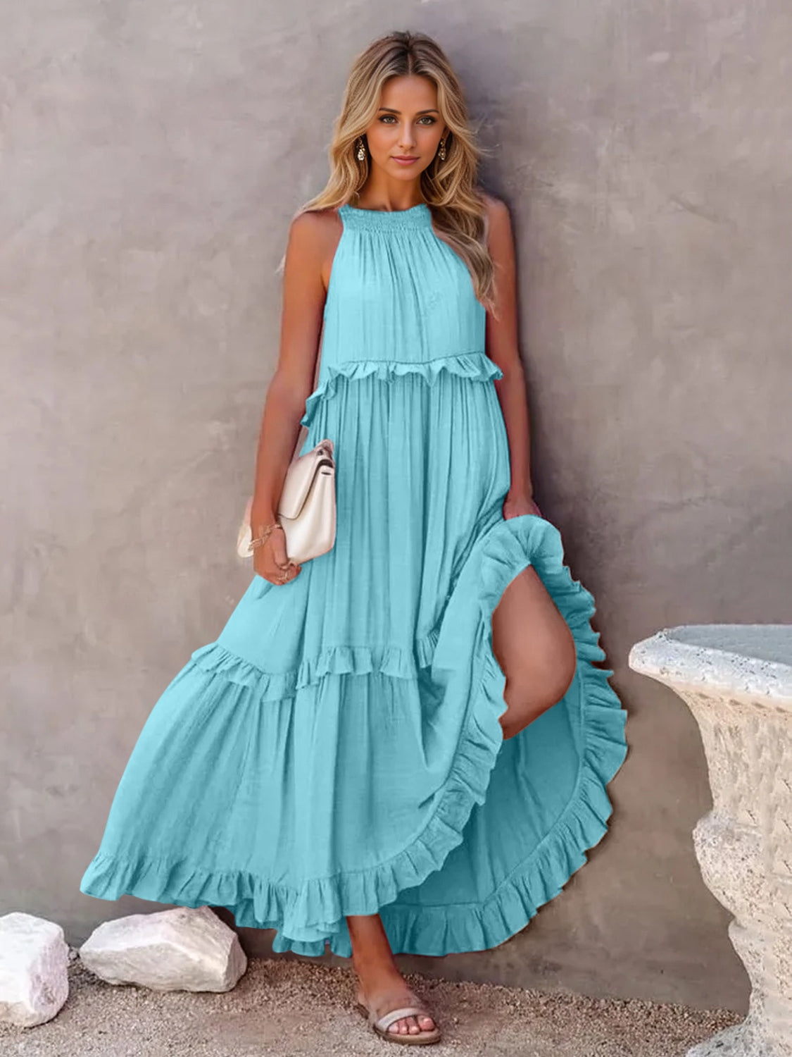 Ruffled Sleeveless Tiered Maxi Dress with Pockets - RebelReine Apparel & Co.