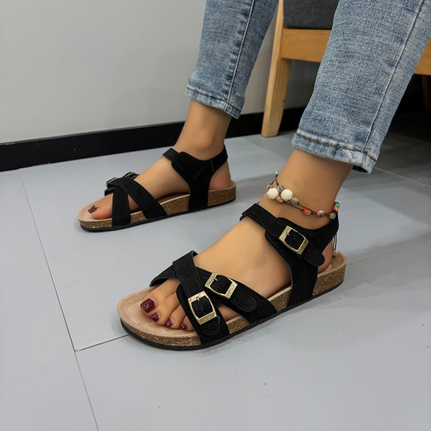 Open Toe Flat Buckle Sandals - RebelReine Apparel & Co.