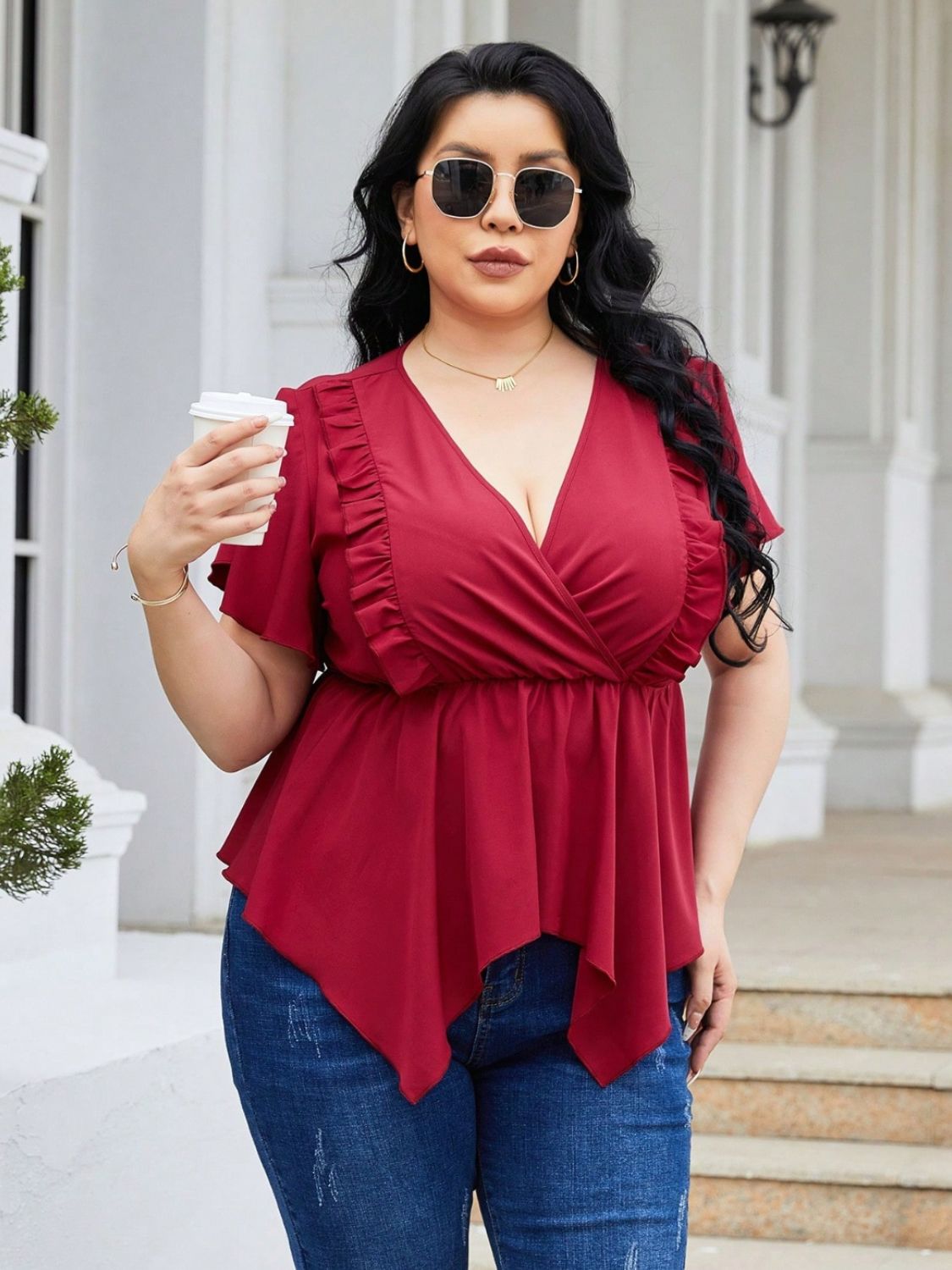 Plus Size Frill Surplice Flutter Sleeve Blouse - RebelReine Apparel & Co.