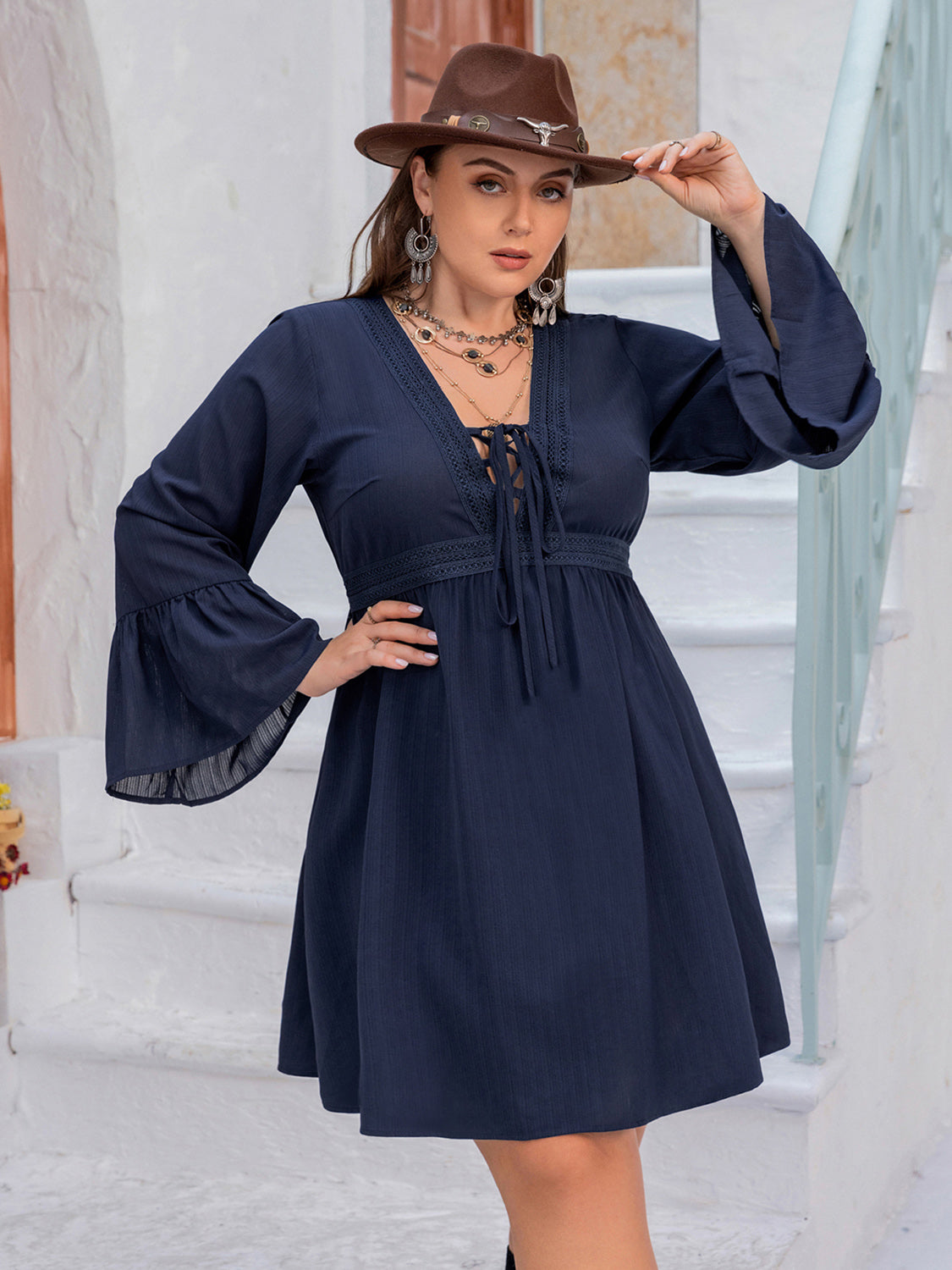 Plus Size Tie Front V-Neck Flare Sleeve Dress - RebelReine Apparel & Co.