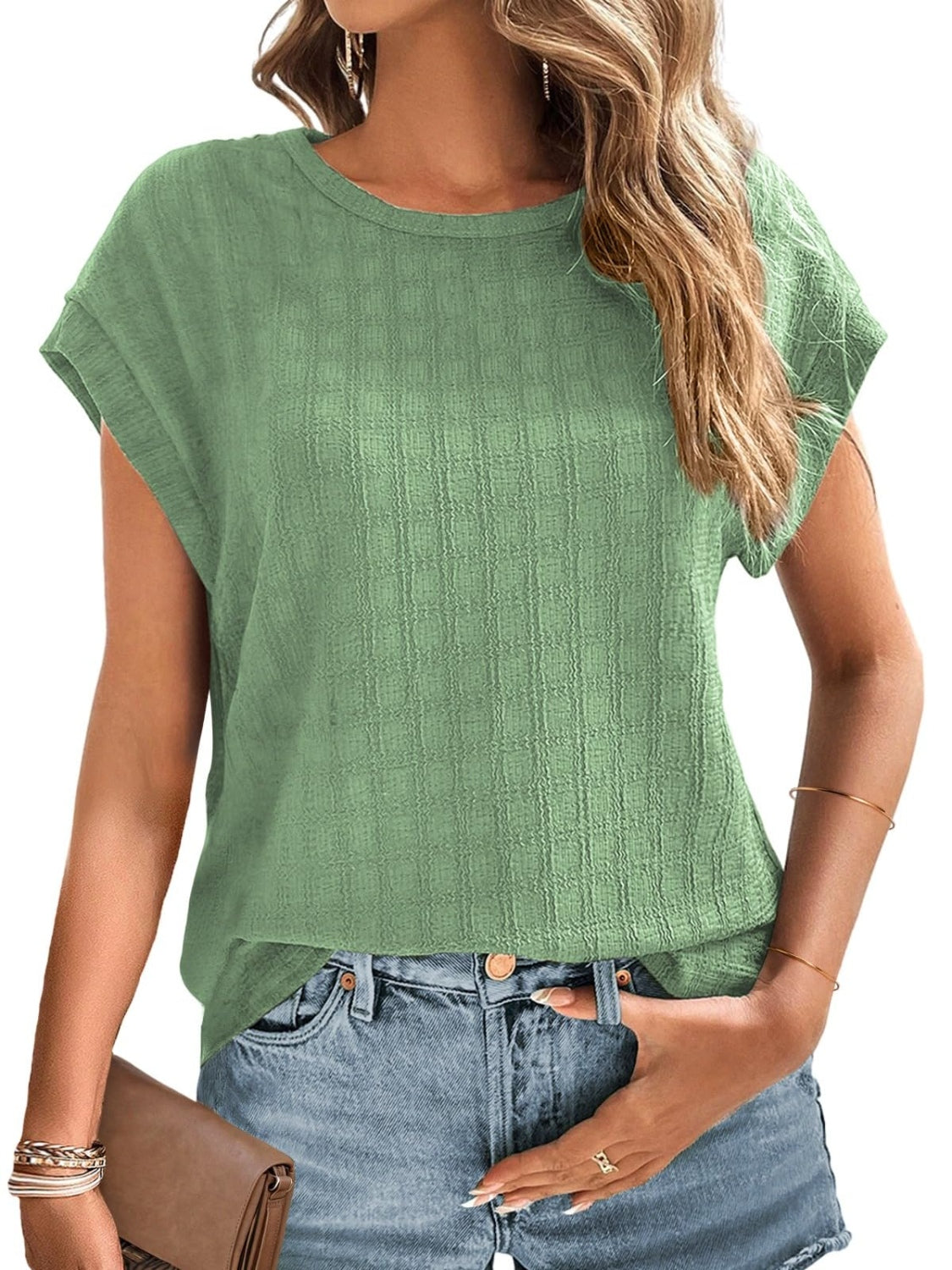 Textured Round Neck Short Sleeve Top - RebelReine Apparel & Co.