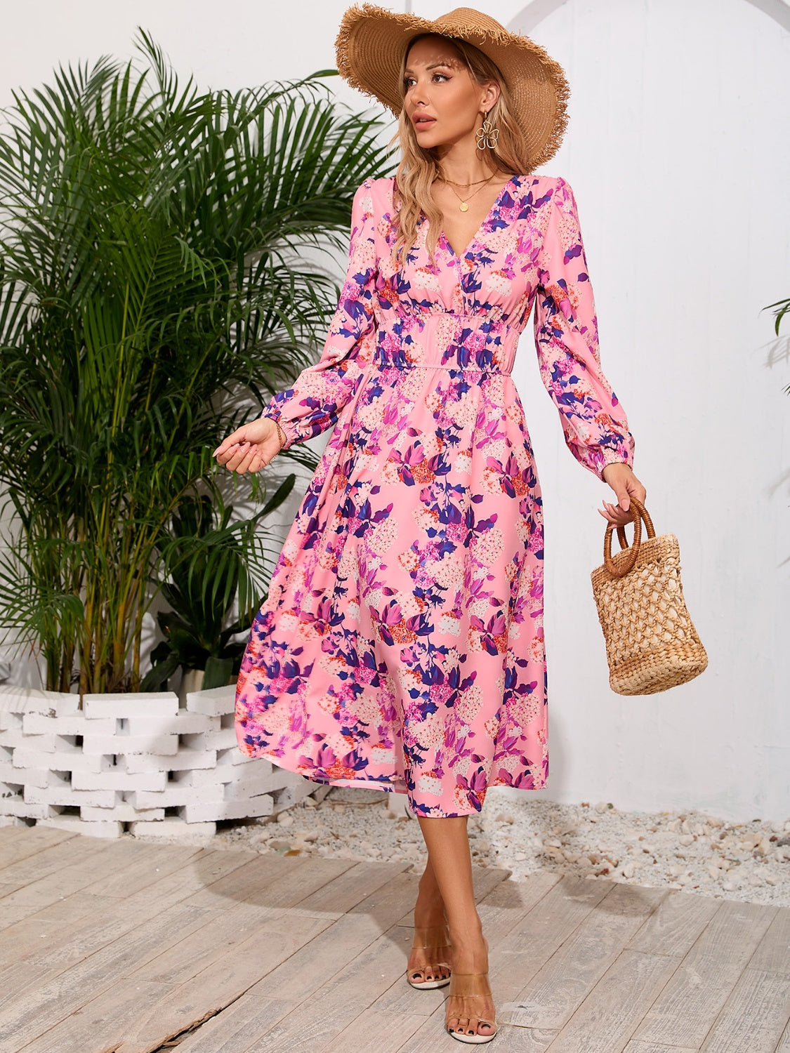 Printed Surplice Long Sleeve Midi Dress - RebelReine Apparel & Co.