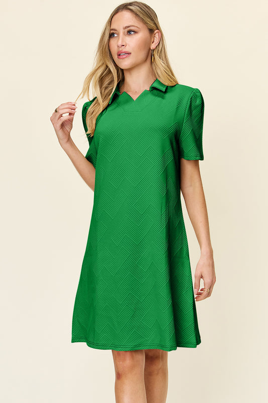 Double Take Full Size Texture Collared Neck Short Sleeve Dress - RebelReine Apparel & Co.