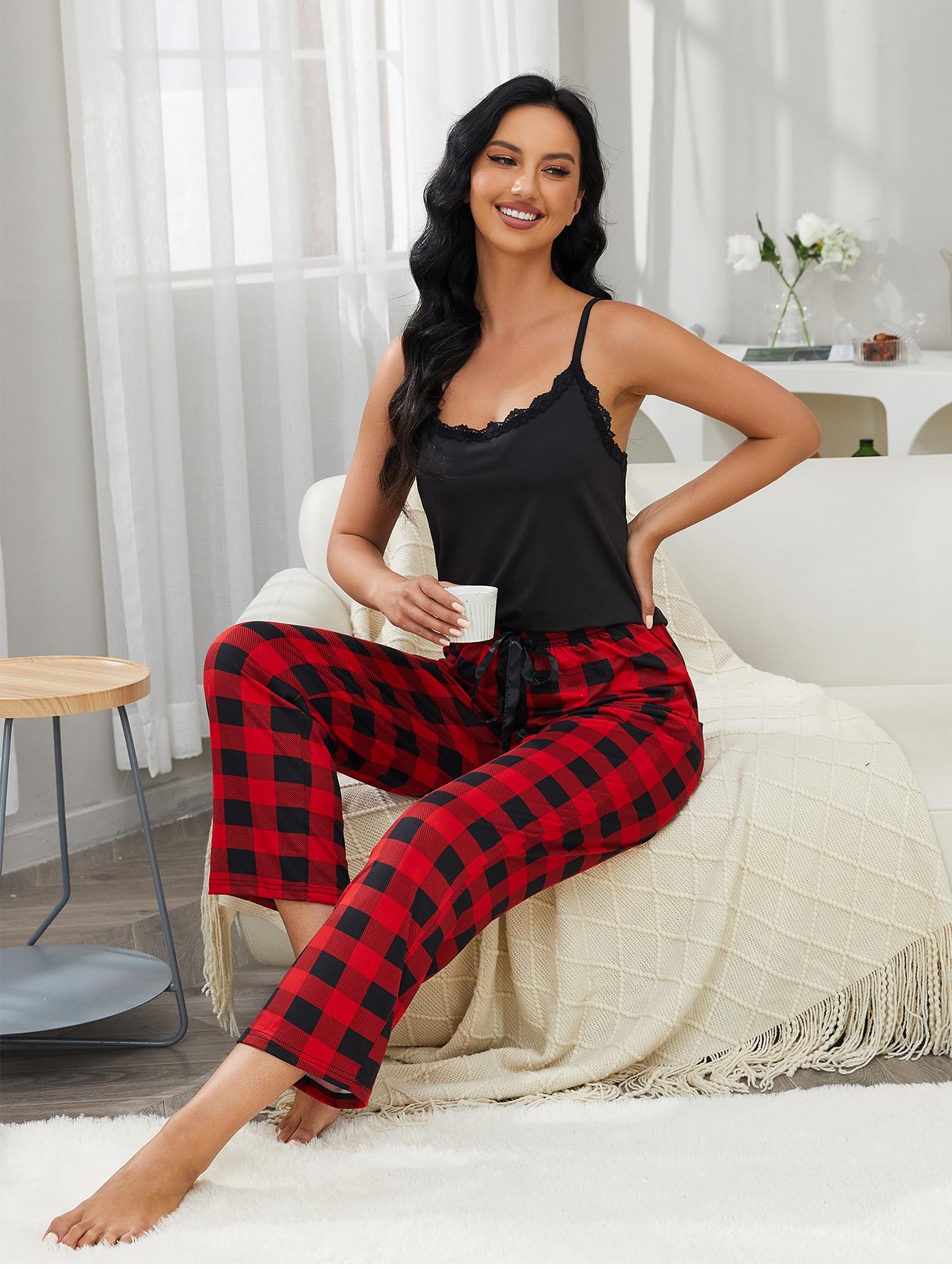 Lace Trim Cami and Plaid Pants Lounge Set - RebelReine Apparel & Co.