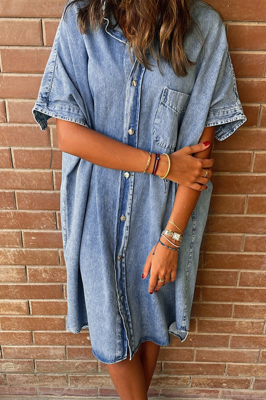 Pocketed Button Up Half Sleeve Denim Dress - RebelReine Apparel & Co.