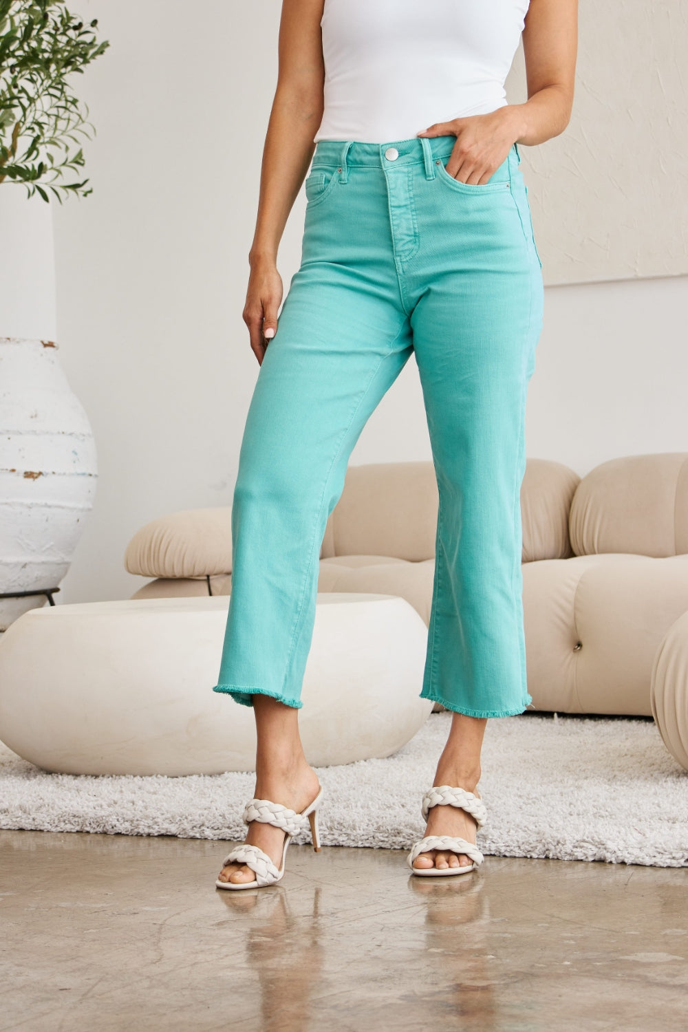 RFM Crop Chloe Full Size Tummy Control High Waist Raw Hem Jeans - RebelReine Apparel & Co.