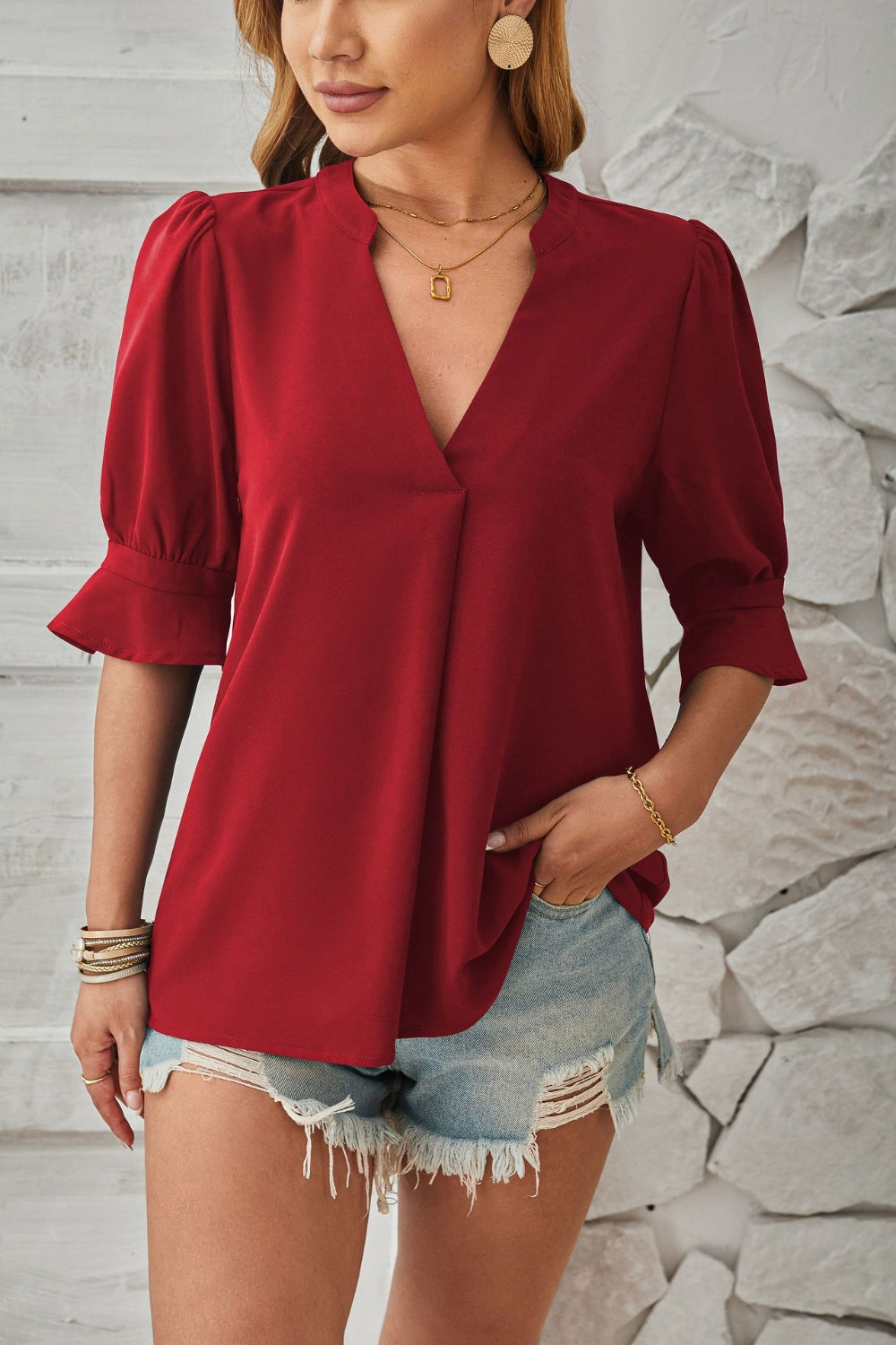 Notched Half Sleeve Blouse - RebelReine Apparel & Co.