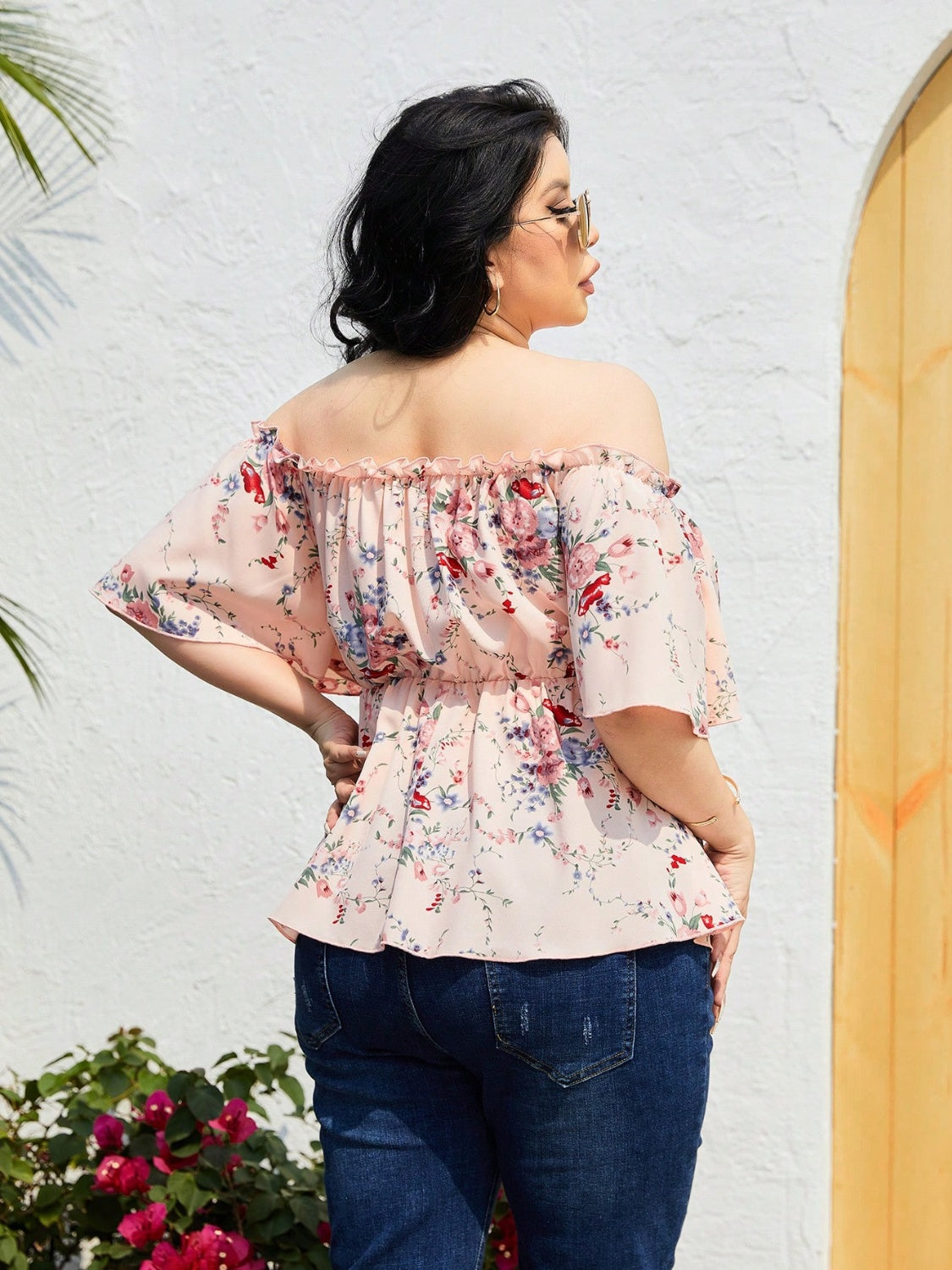 Plus Size Frill Printed Flutter Sleeve Blouse - RebelReine Apparel & Co.