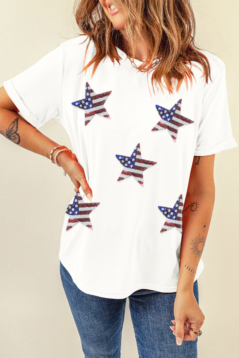 Sequin Star Round Neck Short Sleeve T-Shirt - RebelReine Apparel & Co.