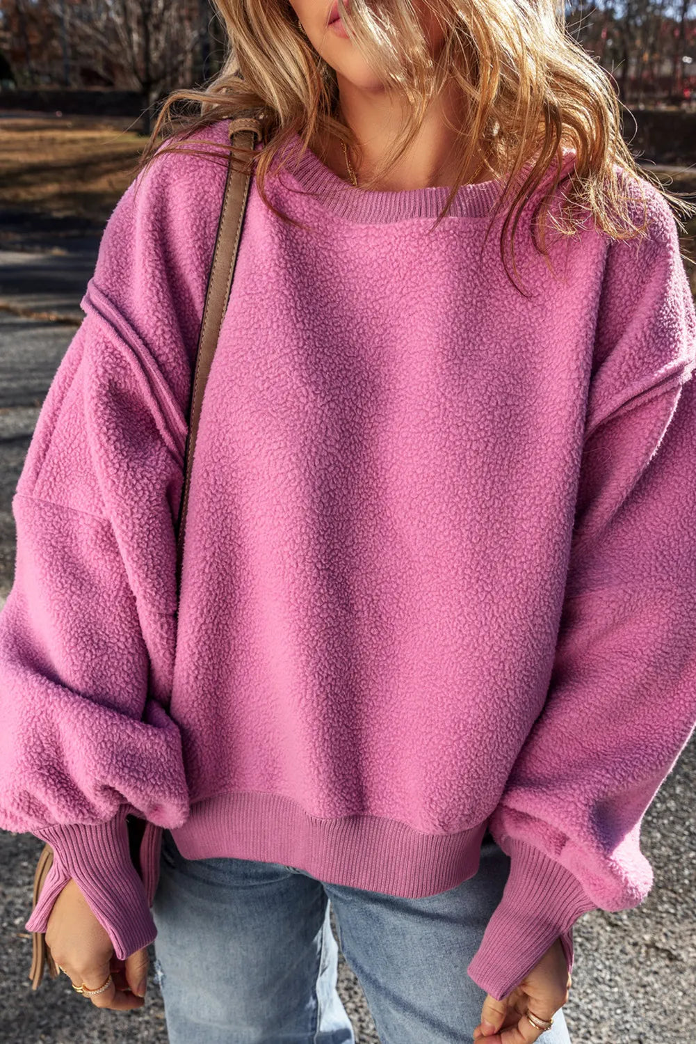 Slit Round Neck Long Sleeve Sweatshirt