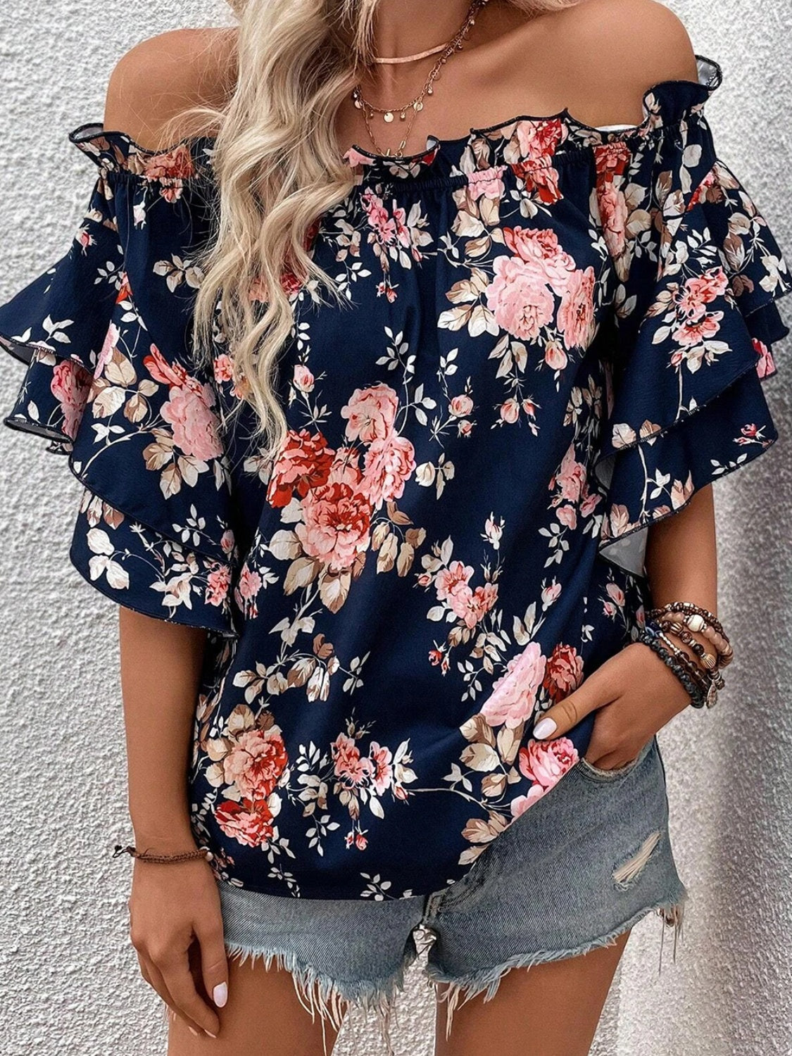 Printed Off-Shoulder Flounce Sleeve Blouse - RebelReine Apparel & Co.