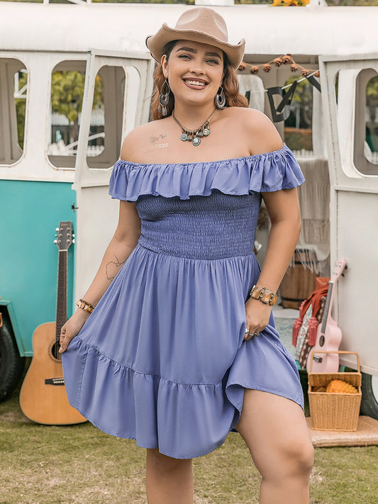 Plus Size Ruffled Smocked Off-Shoulder Mini Dress - RebelReine Apparel & Co.