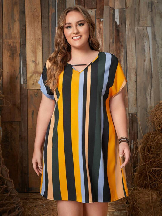 Plus Size Striped Short Sleeve Mini Dress - RebelReine Apparel & Co.