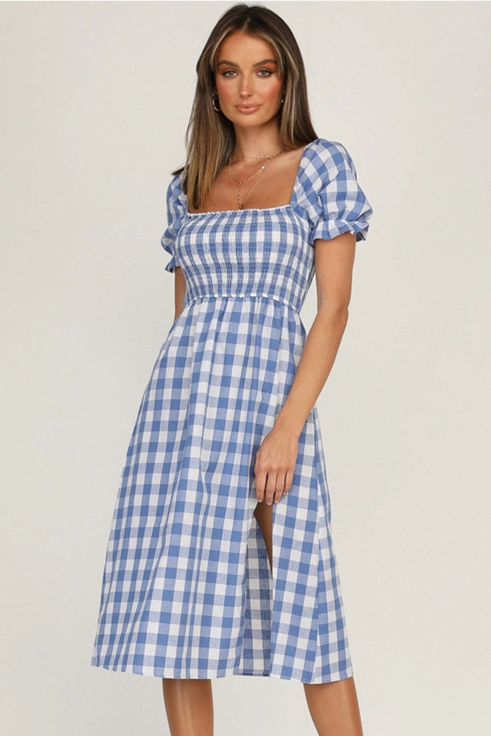 Full Size Slit Plaid Short Sleeve Midi Dress