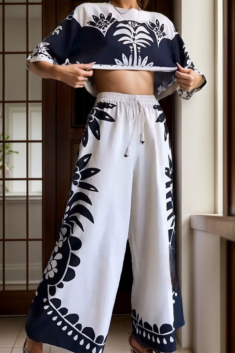 Printed Half Sleeve Top and Wide Leg Pants Set