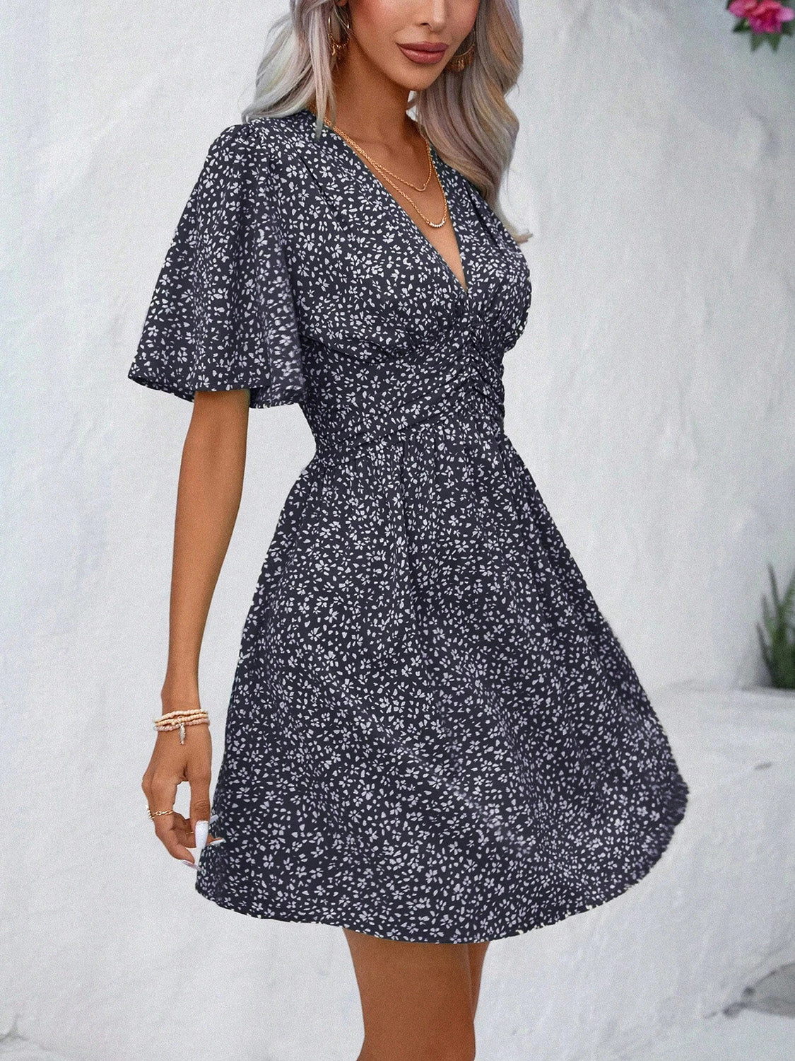 Printed V-Neck Half Sleeve Mini Dress - RebelReine Apparel & Co.