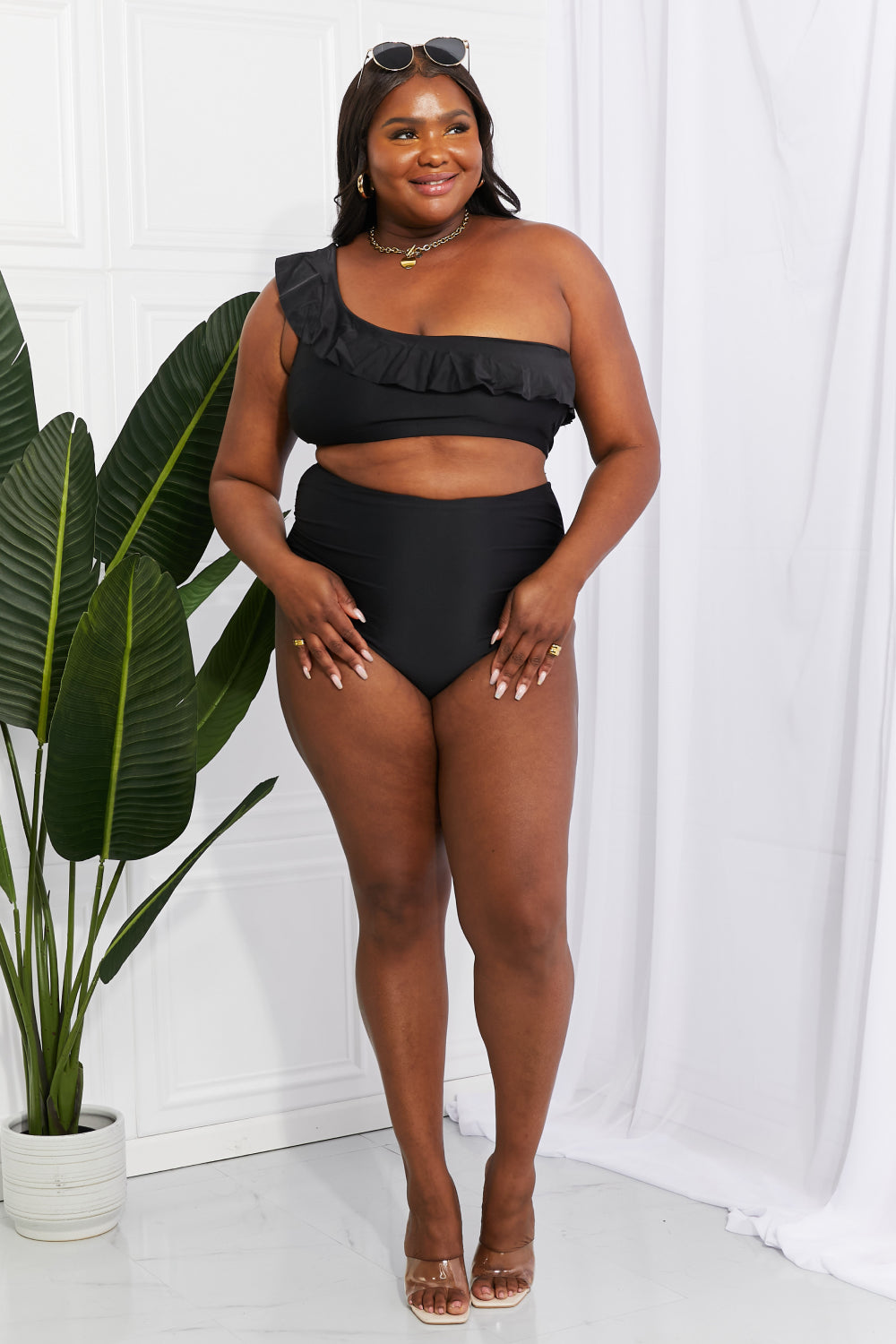 Marina West Swim Seaside Romance Ruffle One-Shoulder Bikini in Black - RebelReine Apparel & Co.