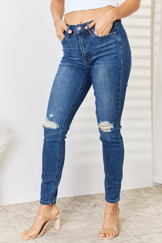 Judy Blue Full Size Mid Waist Distressed Slim Jeans - RebelReine Apparel & Co.