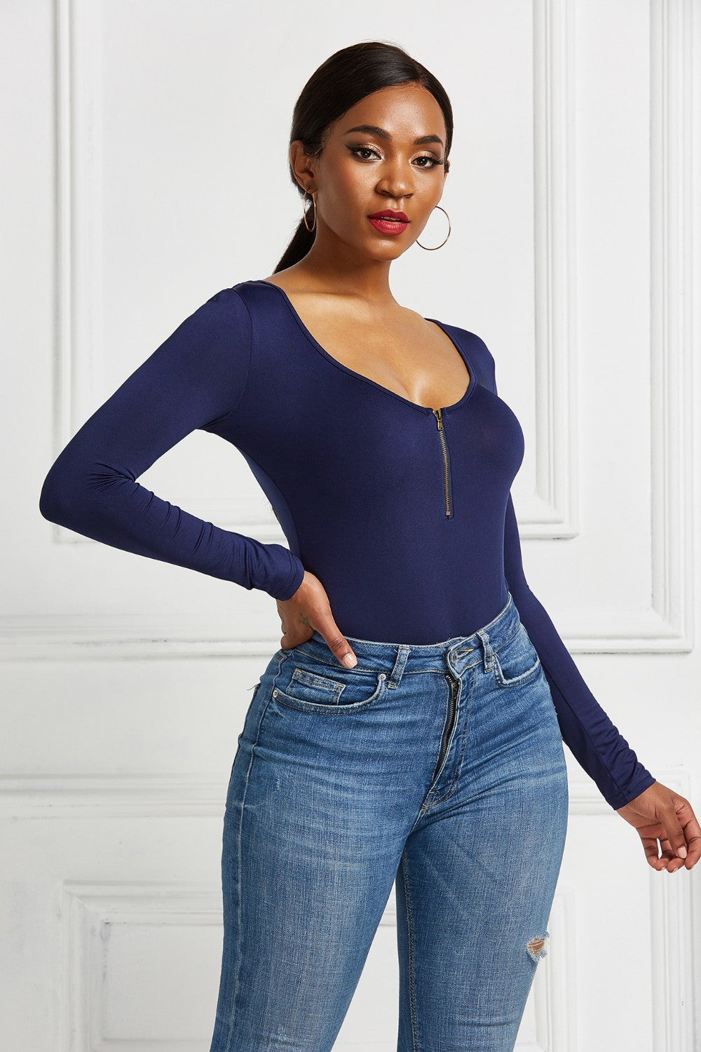 Half Zip Scoop Neck Long Sleeve Bodysuit Trendsi