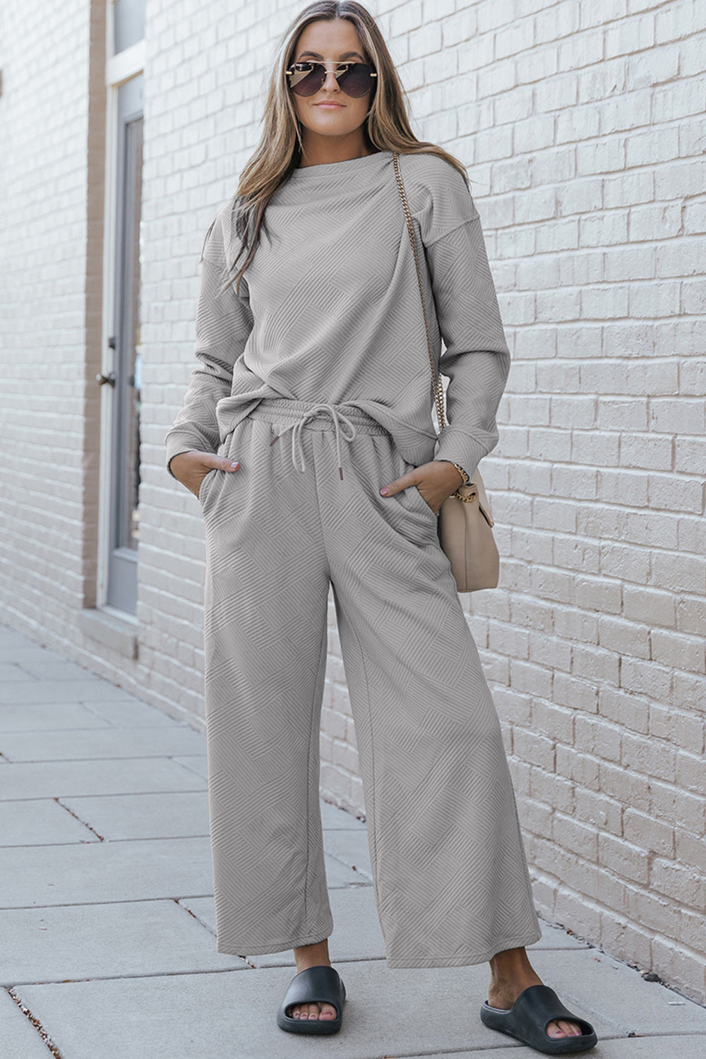 Double Take Full Size Textured Long Sleeve Top and Drawstring Pants Set - RebelReine Apparel & Co.