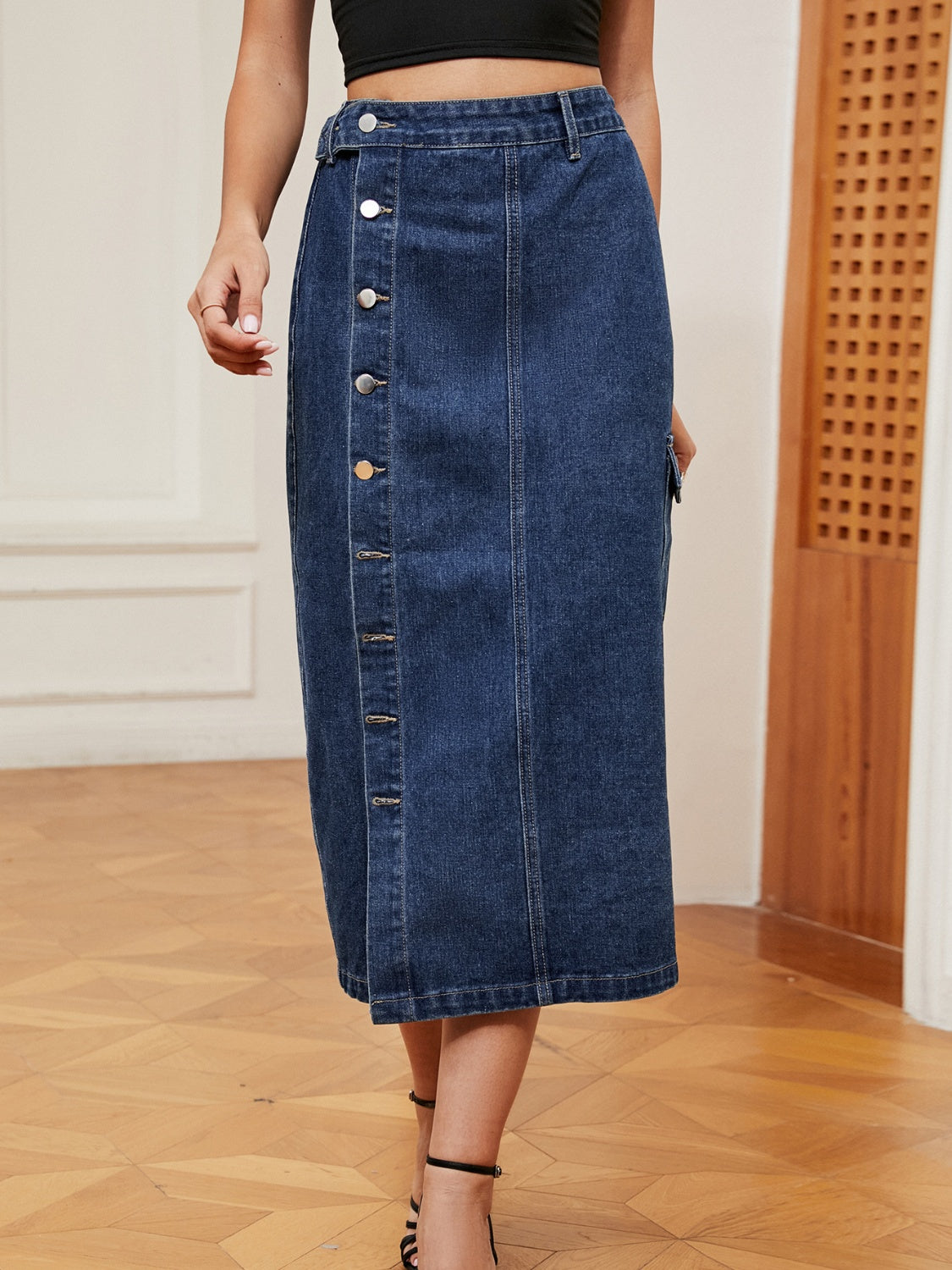 Button Down Midi Denim Skirt - RebelReine Apparel & Co.