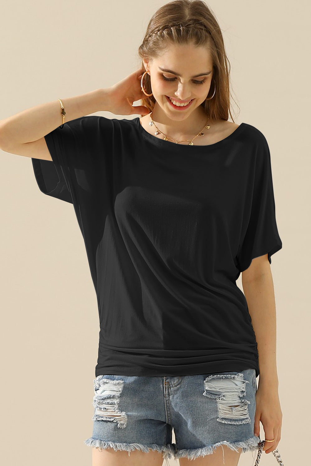 Ninexis Boat Neck Short Sleeve Ruched Side Top - RebelReine Apparel & Co.