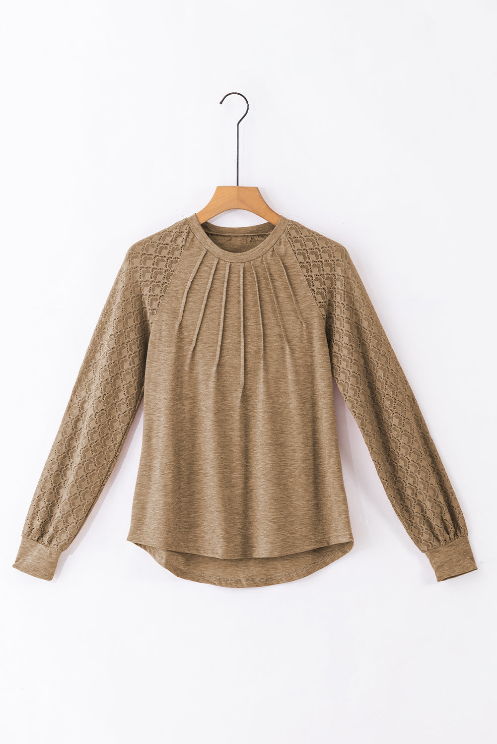 Light French Beige Contrast Lace Raglan Sleeve Plicate Round Neck Top - RebelReine Apparel & Co.