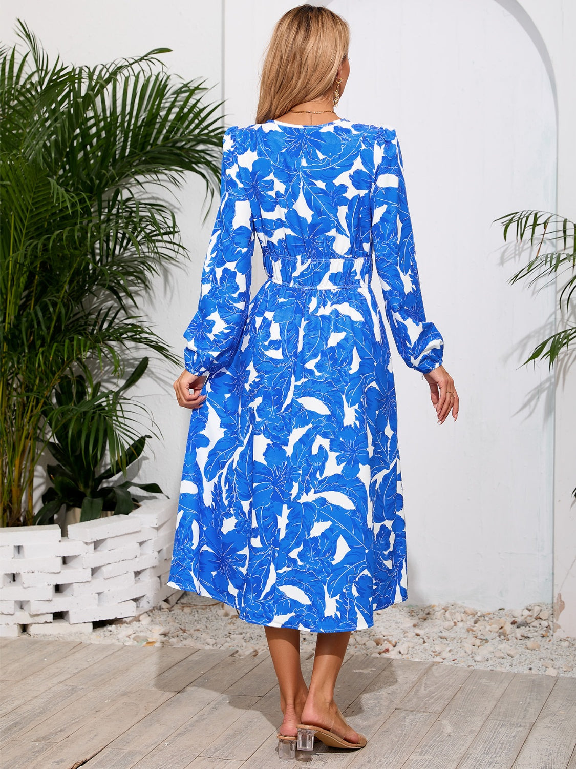 Printed Surplice Long Sleeve Midi Dress - RebelReine Apparel & Co.