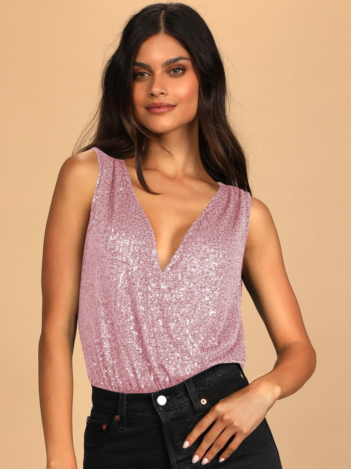 Sequin Surplice Sleeveless Bodysuit - RebelReine Apparel & Co.